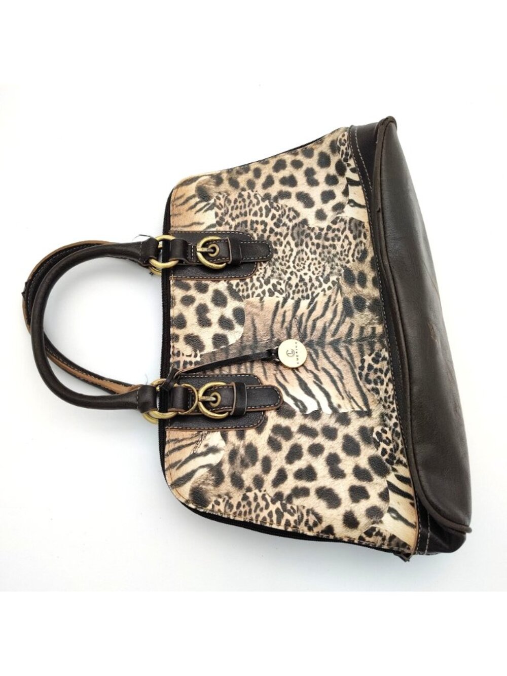 Animal Print Satchel Handbag Leopard Zebra Pattern Brown Structured Purse - Picture 2 of 8
